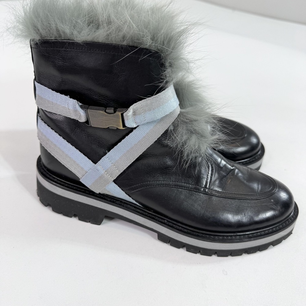 Mr & Mrs Italy Leather Combat Boots Womens Size 8.5 Black Faux Fur Lug Sole
